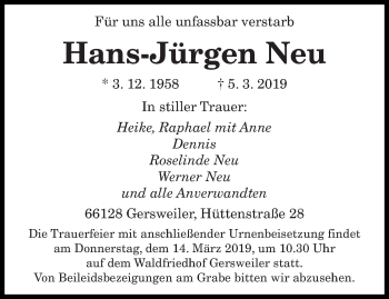Todesanzeige von Hans-Jürgen Neu von saarbruecker_zeitung
