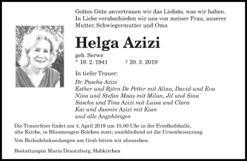 Todesanzeige von Helga Azizi von saarbruecker_zeitung