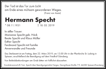 Todesanzeige von Hermann Specht von saarbruecker_zeitung