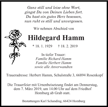 Todesanzeige von Hildegard Hamm von saarbruecker_zeitung