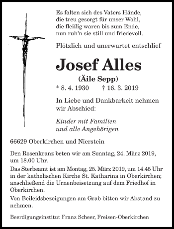 Todesanzeige von Josef Alles von saarbruecker_zeitung