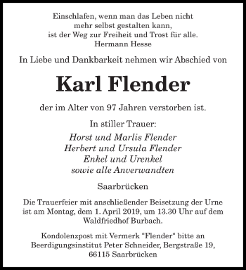 Todesanzeige von Karl Flender von saarbruecker_zeitung