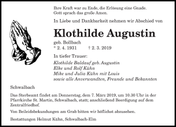 Todesanzeige von Klothilde Augustin von saarbruecker_zeitung