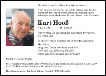 Todesanzeige von Kurt Hooß von saarbruecker_zeitung