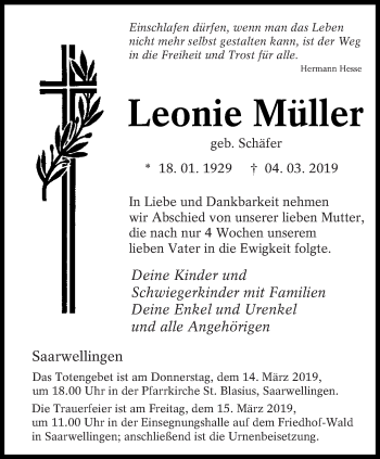 Todesanzeige von Leonie Müller von saarbruecker_zeitung