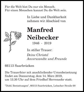 Todesanzeige von Manfred Neibecker von saarbruecker_zeitung