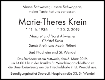 Todesanzeige von Marie-Theres Krein von saarbruecker_zeitung