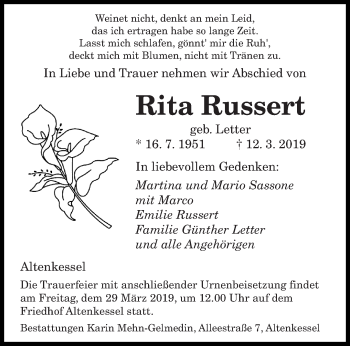 Todesanzeige von Rita Russert von saarbruecker_zeitung