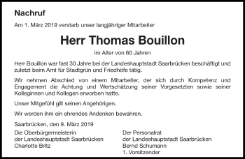Todesanzeige von Thomas Bouillon von saarbruecker_zeitung