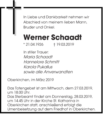 Todesanzeige von Werner Schaadt von saarbruecker_zeitung