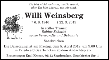 Todesanzeige von Willi Weinsberg von saarbruecker_zeitung