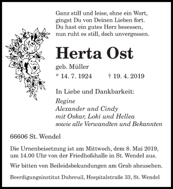 Todesanzeige von Herta Ost von saarbruecker_zeitung