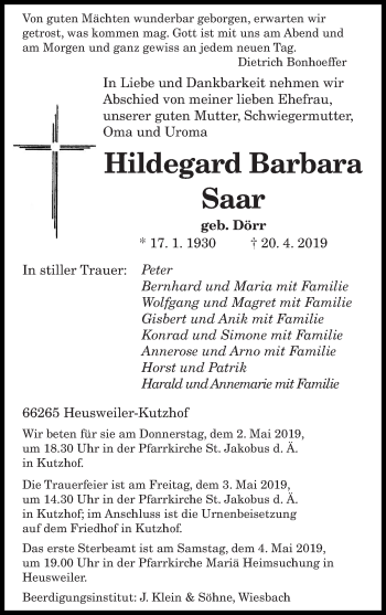 Todesanzeige von Hildegard Barabra Saar von saarbruecker_zeitung