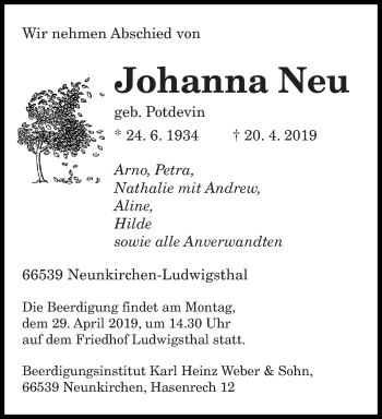 Todesanzeige von Johanna Neu von saarbruecker_zeitung