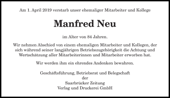 Todesanzeige von Manfred Neu von saarbruecker_zeitung