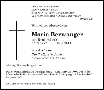 Todesanzeige von Maria Berwanger von saarbruecker_zeitung