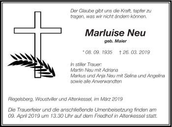 Todesanzeige von Marluise Neu von saarbruecker_zeitung