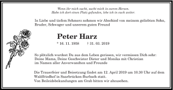 Todesanzeige von Peter Harz von saarbruecker_zeitung