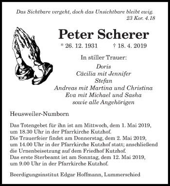Todesanzeige von Peter Scherer von saarbruecker_zeitung