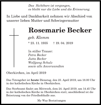 Todesanzeige von Rosemarie Becker von saarbruecker_zeitung