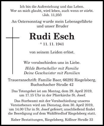 Todesanzeige von Rudi Esch von saarbruecker_zeitung
