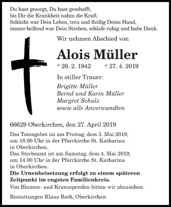 Todesanzeige von Alois Müller von saarbruecker_zeitung