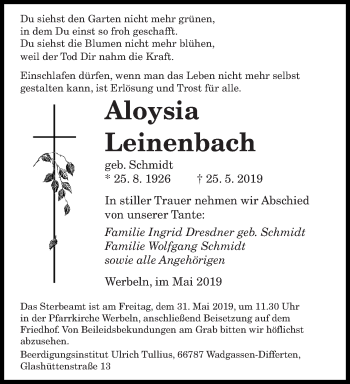 Todesanzeige von Aloysia Leinenbach von saarbruecker_zeitung