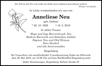 Todesanzeige von Anneliese Neu von saarbruecker_zeitung