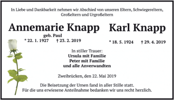 Todesanzeige von Annemarie und Karl Knapp von saarbruecker_zeitung