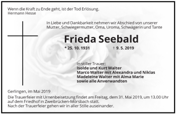 Todesanzeige von Frieda Seebald von saarbruecker_zeitung