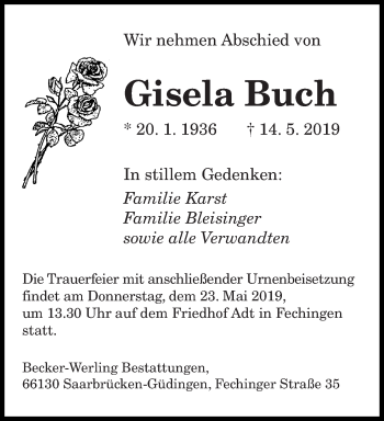Todesanzeige von Gisela Buch von saarbruecker_zeitung
