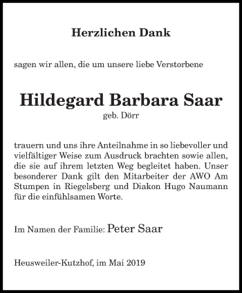 Todesanzeige von Hildegard Barbara Saar von saarbruecker_zeitung