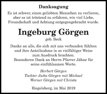 Todesanzeige von Ingeburg Görgen von saarbruecker_zeitung