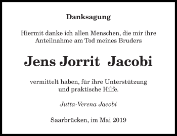 Todesanzeige von Jens Jorrit Jacobi von saarbruecker_zeitung