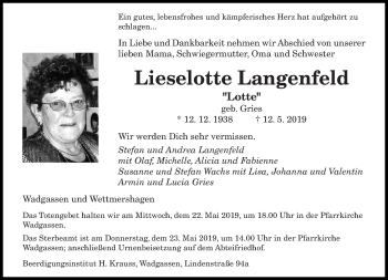 Todesanzeige von Lieselotte Langenfeld von saarbruecker_zeitung