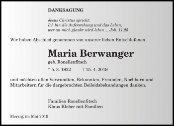Todesanzeige von Maria Berwanger von saarbruecker_zeitung
