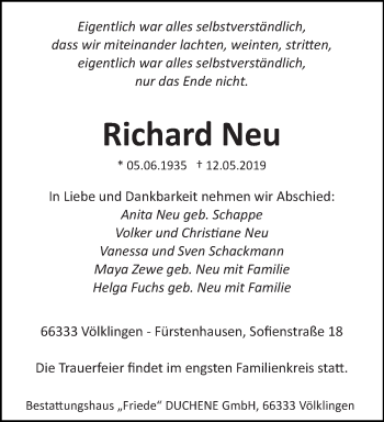 Todesanzeige von Richard Neu von saarbruecker_zeitung