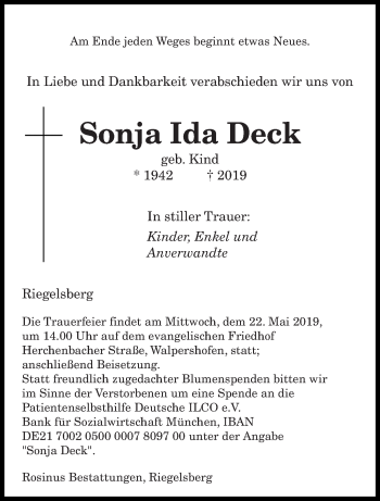 Todesanzeige von Sonja Ida Deck von saarbruecker_zeitung