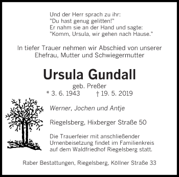 Todesanzeige von Ursula Gundall von saarbruecker_zeitung