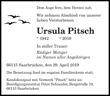 Todesanzeige von Ursula Pitsch von saarbruecker_zeitung