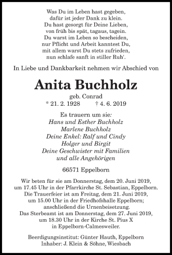 Todesanzeige von Anita Buchholz von saarbruecker_zeitung