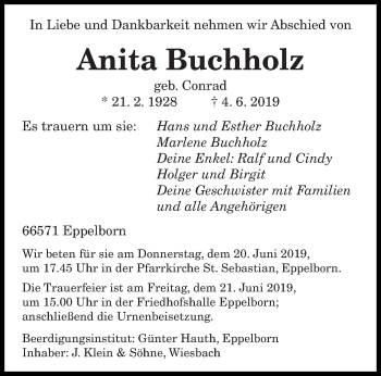 Todesanzeige von Anita Buchholz von saarbruecker_zeitung