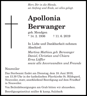 Todesanzeige von Apollonia Berwanger von saarbruecker_zeitung