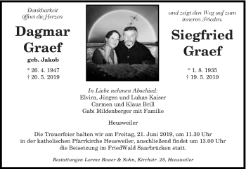 Todesanzeige von Dagmar und Siegfried Graef von saarbruecker_zeitung