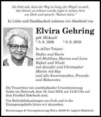 Todesanzeige von Elvira Gehring von saarbruecker_zeitung