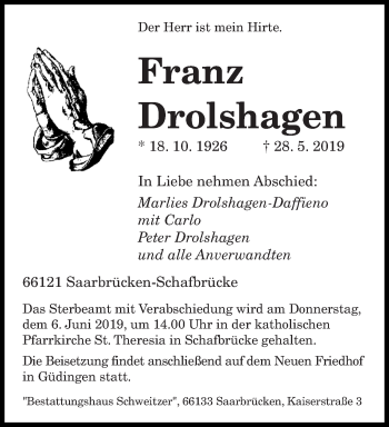 Todesanzeige von Franz Drolshagen von saarbruecker_zeitung