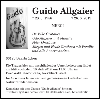 Todesanzeige von Guido Allgaier von saarbruecker_zeitung