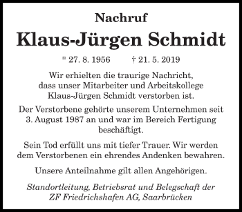 Todesanzeige von Klaus-Jürgen Schmidt von saarbruecker_zeitung