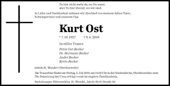 Todesanzeige von Kurt Ost von saarbruecker_zeitung