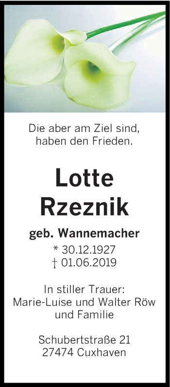 Todesanzeige von Lotte Rzeznik von saarbruecker_zeitung